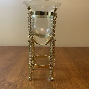 Vintage Plant Candle Stand 11” Holder Twisted Rope Design Brass with Glass Bowl
